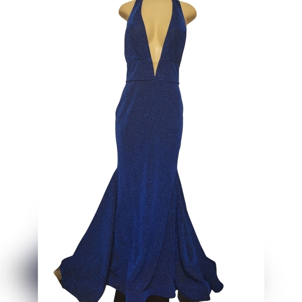 Ava Presley Blue Deep V-Neck Prom Dress Bridemaid Formal Wedding Size 12